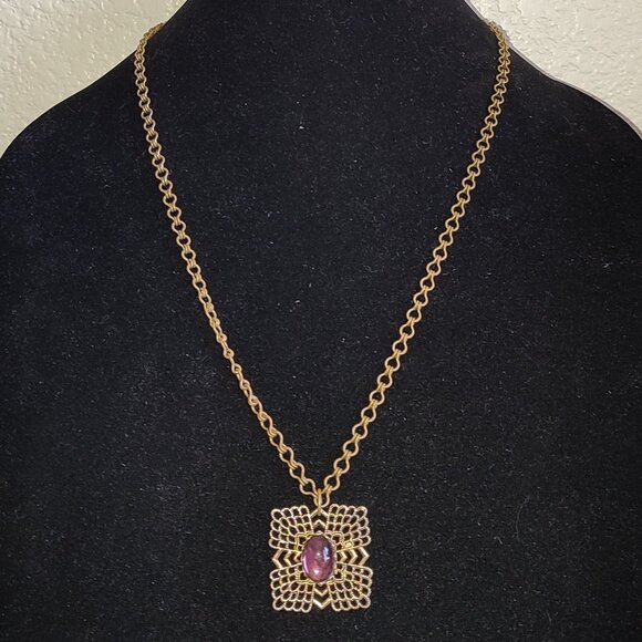 Purple Core Academia Pendant on Chain Antiquated Gold Boho Vintage Violet Charm - Picture 1 of 11